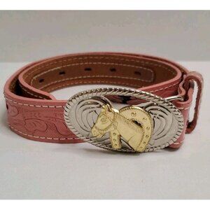 Nocona Belt Girl's Youth Pink Tooled Leather Horse Buckle 26" Western Cowgirl